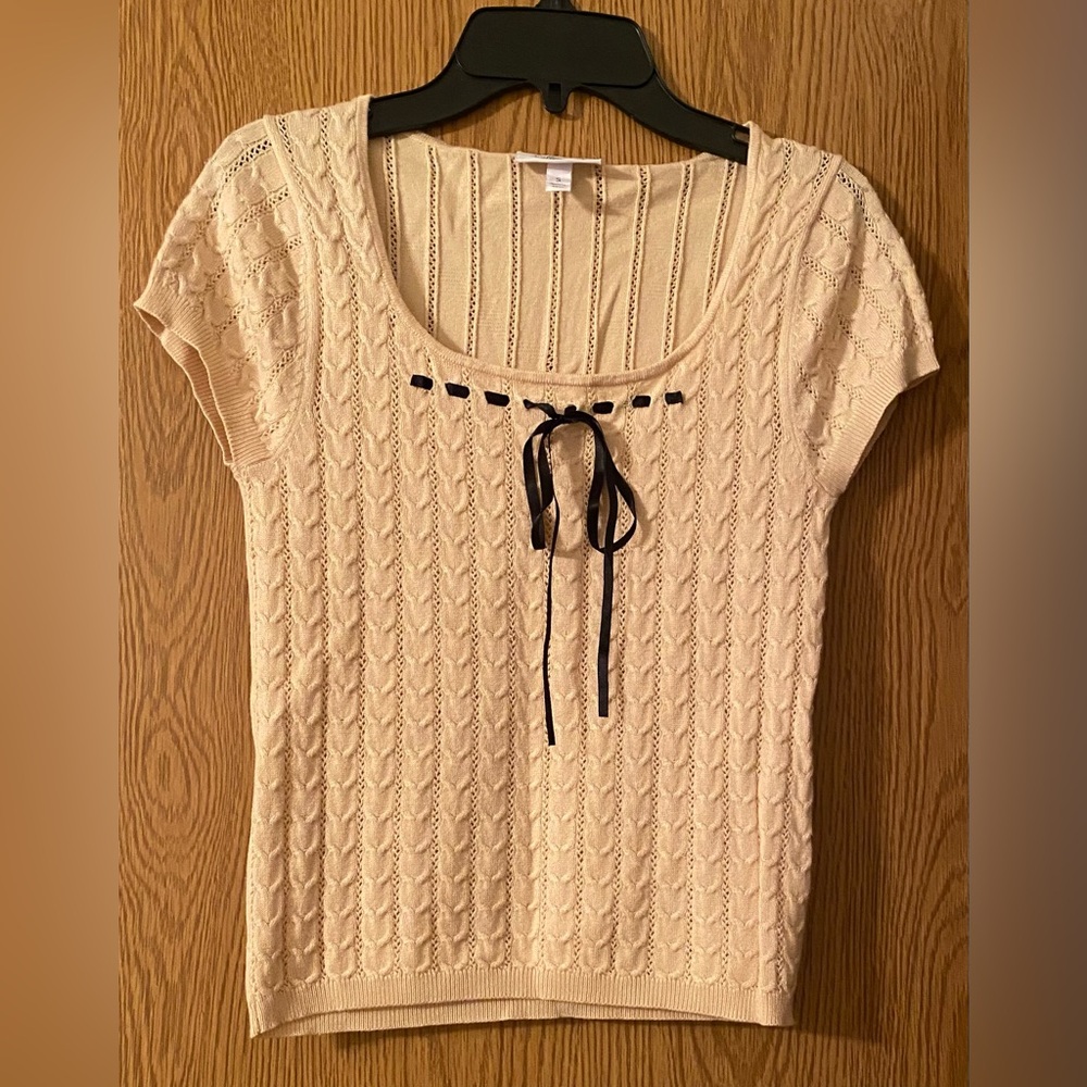 Cream Short Sleeve Knit Top with Black Ribbon
NWOT